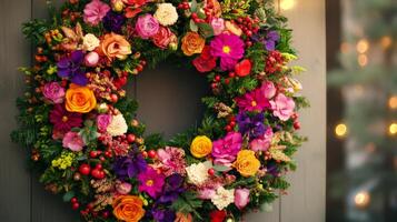 Colorful Floral Wreath with Berries Hanging on a Wooden Door photo