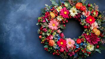 Frosted Floral Wreath on Blue Background photo