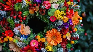 Colorful Flower Wreath with Evergreen Branches and Red Berries photo