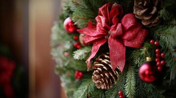 Close-Up of a Christmas Wreath with Red Bow, Pine Cones, and Berries photo