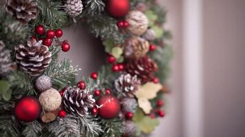 Close-up of a Christmas Wreath with Red Ornaments, Pine Cones, and Berries photo