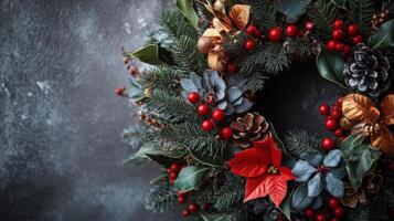 Close-up of a Christmas Wreath with Red Berries, Pine Cones, and Green Foliage photo