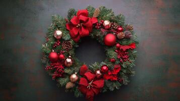 Christmas Wreath with Red and Gold Ornaments and Pine Cones photo