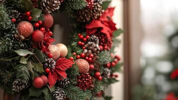 Close-up of a Christmas Wreath with Red and Gold Ornaments, Pine Cones, and Holly photo