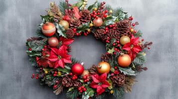 Festive Christmas Wreath with Pine Cones, Holly, and Red and Gold Ornaments photo
