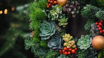 Succulent and Evergreen Wreath with Red Berries and a Peach photo