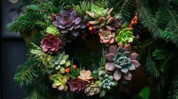 Succulent Wreath Adorned with Evergreen Branches photo