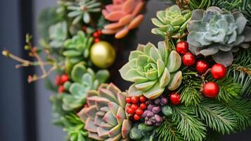 Close-up of Succulents, Evergreen Branches, and Red Berries photo