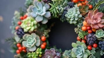 Succulent Wreath with Red Berries and Green Foliage photo