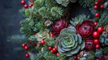 Close-up of a Christmas Wreath Decorated with Succulents, Berries, and Evergreen Branches photo
