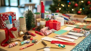 Festive Christmas Gift Wrapping Station with Supplies and Decorations photo