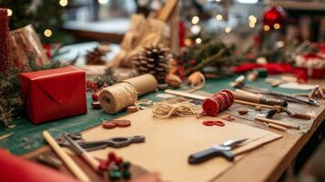 Close-up of a Table with Christmas Wrapping Supplies photo