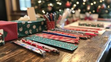 Candy Cane Wrapping Paper on Wooden Table photo