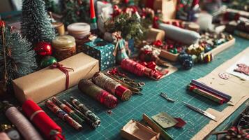 Christmas Wrapping Station with Decorated Gift Rolls, Boxes, and a Green Mat photo