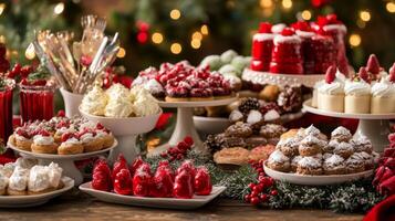 Festive Christmas Dessert Buffet with Various Treats and Decorations photo