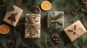 Rustic Christmas Gifts with Evergreen Branches and Pine Cones photo