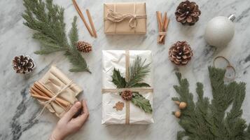Rustic Christmas Gift Wrapped with Pine and Cinnamon Sticks photo