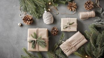 Rustic Christmas Presents Decorated with Pine Branches and Pinecones photo