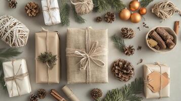 Rustic Christmas Gifts with Pine Cones and Twigs photo