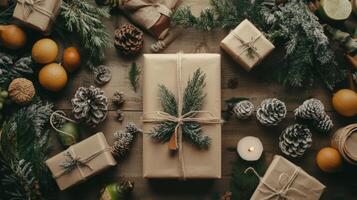 Rustic Christmas Gifts Wrapped in Brown Paper with Pine Branches and Cones photo