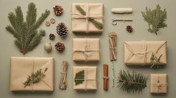 Rustic Christmas Gifts and Decorations on a Green Background photo