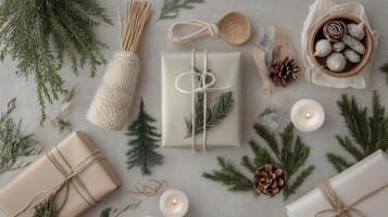 Rustic Christmas Gifts with Pine and Candles on a Grey Background photo