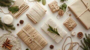 Rustic and Natural Christmas Gift Wrapping Decor with Pine and Twine photo