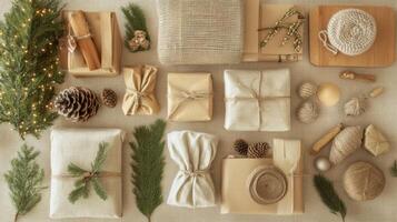Rustic Christmas Gifts and Decorations on a Burlap Background photo