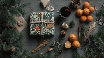Festive Flat Lay with Gift, Pine Branches, and Citrus Fruits photo