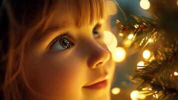 Young Girl Gazing at Christmas Lights with Wonder and Joy photo