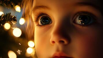Close-up of a Child's Eye Reflecting Christmas Lights photo