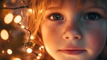Close-up Portrait of a Young Girl with String Lights in Her Hair photo