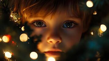 A Child's Curious Gaze Through Christmas Lights photo