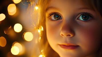 Close-up Portrait of a Young Girl with Golden Bokeh Lights Reflecting in Her Eyes photo