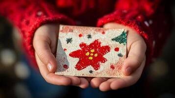 Child's Hands Holding a Handmade Christmas Card with a Red Flower and Glitter photo