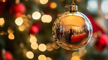 A Gold Christmas Ornament Reflecting a Christmas Tree and Lights photo