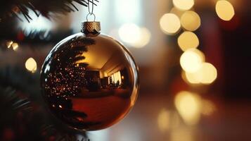 A Christmas Ornament Reflecting a Decorated Christmas Tree photo