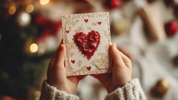 Child's Hands Holding a Card with a Red Heart Embroidered on it photo