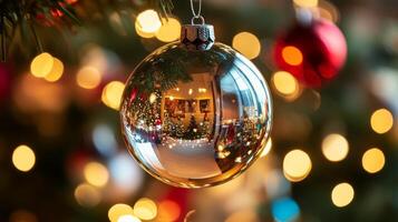 Reflective Gold Christmas Ornament on a Decorated Tree photo