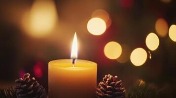 A Single Candle with Pine Cones and Warm Bokeh Lights photo
