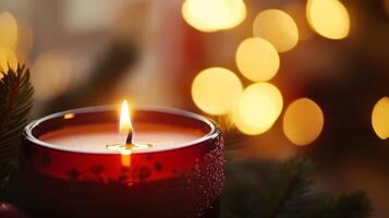 A Single Candle Flame Glowing Amidst a Blurred Background of Golden Lights photo