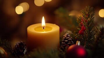 A Lit Candle Surrounded by Pine Branches and Christmas Ornaments photo