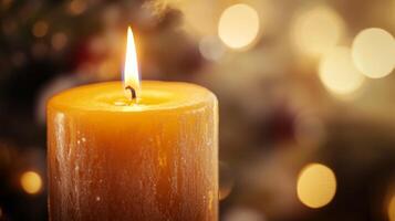 A Single Candle Flame Glowing Against a Background of Golden Bokeh Lights photo