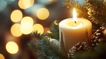 Lit Candle Surrounded by Pine Branches and Pinecones photo