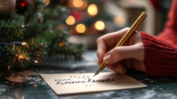 Hand Writing Christmas Greetings with a Gold Pen photo