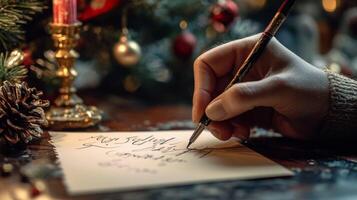 A Hand Writes a Festive Greeting on a Letter with a Vintage Pen photo