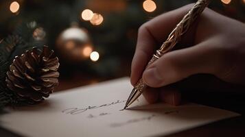 Close-up of a Hand Writing Season on a Card with a Golden Pen photo