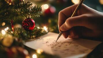 Hand Writing a Christmas List Under a Christmas Tree photo