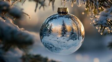 A Christmas Ornament Reflecting a Snowy Winter Forest photo
