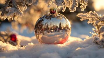 A Gold Christmas Ornament Reflecting a Winter Scene photo